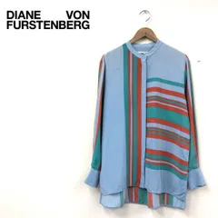 I1937-U◆DIAN VON FURSTENBERG ダイアンファンファステンバーグ シャツ 長袖 バンドカラー ストライプ柄◆size S ブルー系 シルク100%