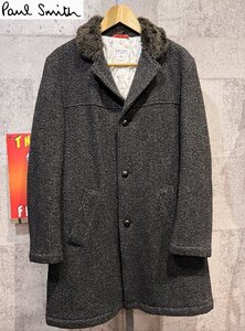 美品 ポールスミス 襟ボア ウール ヘリンボーン コート M メンズ PAUL SMITH