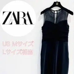 ZARA　ロングパンツ　ワンピース風　サロペット　切替　ハイウエスト　ドレス