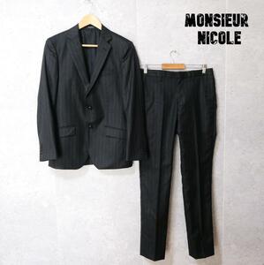美品 MONSIEUR NICOLE ムッシュニコル サイズ46 ストライプ柄 ペイズリー柄 シングル テーラードジャケット パンツ セットアップ スーツ 黒