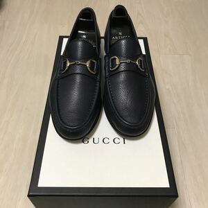 ◆【人気】GUCCI グッチ/ グレインレザー(シボ革)ホースビット ローファー 367762 NAVY 5 1/2(約24.5㎝相当)