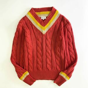 Uk20 Paul Smith ポールスミス 長袖ニット Vネックセーター ケーブルセーター レッド系 コットン100% ライン Lサイズ メンズ 紳士服