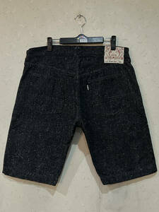 ※EVISU エヴィス エビス LOT 7550 カモメなし シルク混 ハーフ ショート デニムパンツ ブラック 大きいサイズ 38 　 BJBC.AJ