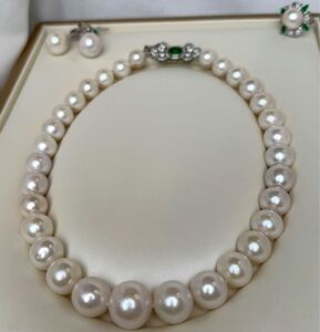 豪華絢爛！3点天然無調色ネックレス16mm 42cm ピアス　指輪　 necklace pearl jewelry 南洋真珠　118g 翡翠留め具