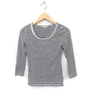 グローバルワーク GLOBAL WORK ボーダー柄 カットソー Tシャツ 七分袖 Uネック ビーズ装飾 綿 S ネイビー 紺 /FT13 レディース