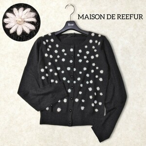 30 【MAISON DE REEFUR】 メゾンドリーファー アンゴラ混 花刺繍 フラワー ニット カーディガン 38 Mサイズ 黒 ブラック 長袖 丸首 春秋冬 