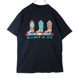 90s00sUSA製ヘインズHanes beefy半袖TシャツSANTA FEサンタフェウエスタンブーツ黒ブラックネイティブ柄vintageヴィンテージ40122