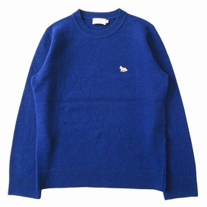 美品 メゾンキツネ MAISON KITSUNE ウール ニット セーター カットソー 長袖 ロゴ ワンポイント FM00503KT1014 サイズS 青 ブルー メンズ