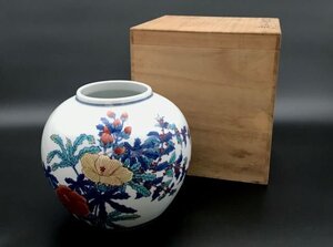 12代今泉今右衛門 錦葵絵花瓶 Φ約22.5 cm × H約19.5 cm 共箱あり 花器 花入 茶道具 陶磁器