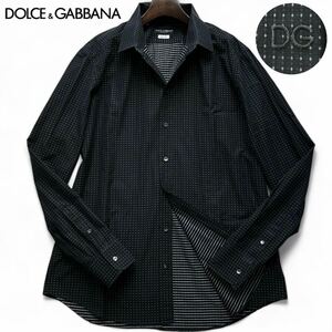 極美品/3L相当◎ドルチェ&ガッバーナ◆極上ダイヤ総柄◆DOLCE&GABBANA ドルガバ DG刺繍ロゴ 長袖 ドレスシャツ ブラック 黒 メンズ 45 XXL