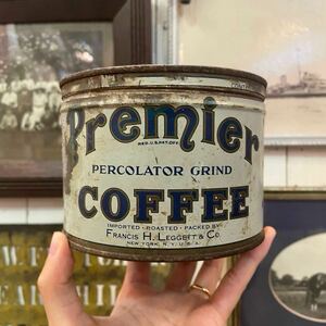 【vintage】コーヒー缶 premier coffee 蓋付き アドバタイジング antique 店舗什器 店舗ディスプレイ us 古道具 アンティーク ヴィンテージ