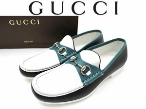 15万新品◆7H=26.5cm◆GUCCI グッチ 白×黒×深緑レザーホースビットローファーシューズ 1円