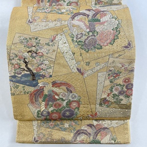 袋帯 美品 秀品 色紙 花鳥 金糸 箔 金色 お太鼓柄 正絹 【中古】