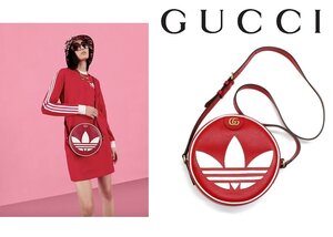 35万新品◆グッチGUCCI×adidas GGマーモント×トレフォイルロゴ 丸型レザーショルダーバッグ『OPHIDIA』赤 1円