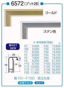 油絵/油彩仮縁 （枠のみ ガラス、アクリルなし 裏板なし 展覧会・公募展用） アルミフレーム 6572 サイズ F25号 ゴールド ステン