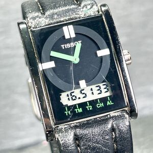 TISSOT ティソ two timer D377 腕時計 クオーツ アナデジ ステンレススチール ブラック文字盤 レザーベルト ヴィンテージ 新品電池交換済み