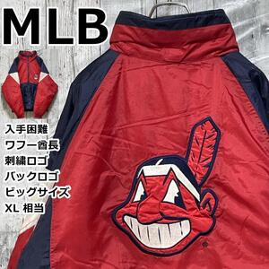 MLBインディアンス 刺繍ロゴ ワフー酋長 ビッグロゴ バックロゴ 切替 赤×紺 XL相当 厚手 肉厚 中綿 ナイロンジャケット 90s ビッグサイズ.