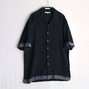 【リネン×レーヨン】90s PERRY ELLIS オープンカラー シャツ / L ブラック グレー ボックス 半袖 USA ビンテージ T4-08064-9277