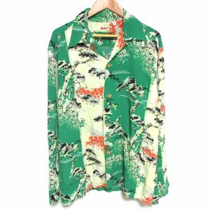 美品 SUN SURF サンサーフ 東洋エンタープライズ PINE & CHERRY BLOSSOM 長袖 アロハシャツ SS24440 XL グリーン ◆