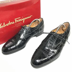 未使用品【フェラガモ】本物 Ferragamo 靴 27.5cm 黒 総クロコダイル ストレートチップ ビジネスシューズ ワニ革 メンズ 伊製 9 1/2 EE 箱