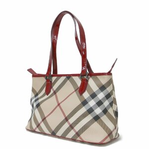 美品 BURBERRY バーバリー バッグ トート ベージュ レッド ショルダー 肩掛け A4 ファスナー チェック PVC エナメル レザー ブランド