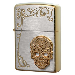 Zippo ジッポライター スカル ドクロ 骸骨 アラベスク 唐草 シークレットガーデン シルバーサテン＆金メッキ TSG-E メール便可