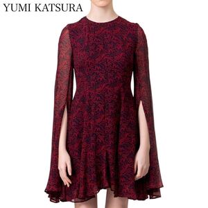 定価10万円★ 現行★ YUMI KATSURA ユミカツラ IWP18-299 ワンピース シルク100% シフォン 風景画 ドレス フレアスリーブ 冠婚祭 レッド系