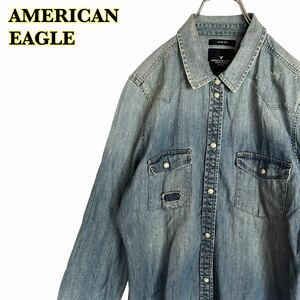 AMERICAN EAGLE アメリカンイーグル　長袖シャツ　デニムシャツ　ダメージ加工　ブルー　レディース　Mサイズ　【AY1637】