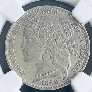 【超希少・NGC高鑑定】1880年 　ペルー ペセタ 銀貨 セレス女神 NGC AU 58　