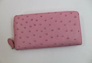 オーストリッチ 財布 本革 新品 ピンク ラウンドファスナー 長財布 最高級品