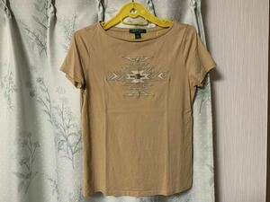 美品 LAUREN Ralph Lauren ローレン ラルフローレン ネイティブ柄 Tシャツ ベージュ レディース 半袖 ビーズ レア トップス カットソー