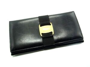 ■美品■ Salvatore Ferragamo フェラガモ ヴァラリボン レザー 二つ折り 長財布 ウォレット 札入れ 小銭入れ ブラック系 DH1554