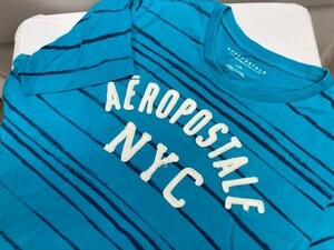 半袖Ｔシャツ　丸首　カスレプリントボーダー　天竺　ＸＬ相当　ブルー　ＡＥＲＯＰＯＳＴＡＬＥ★ＯＵＴＬＥＴ未使用格安！