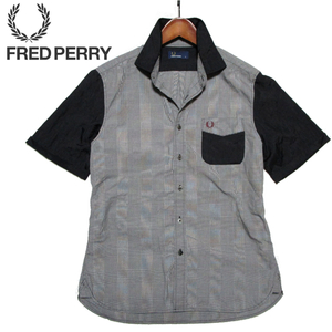 【フレッドペリー】 衿袖切替　半袖グレンチェックシャツ　グレー　胸ローレルリース　FRED PERRY　ヒットユニオン