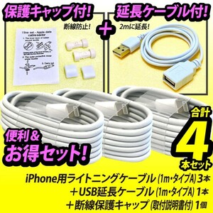 iPhone用USB充電器ライトニングケーブル アップルApple純正品質 lightning タイプA TypeA Type-C非対応 USB延長ケーブル＋保護キャップ付