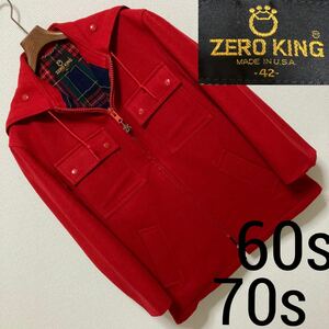 70s Vintage■ZERO KING■メルトン ジャケットコート USA製 42 XL 赤 レッド マウンテンパーカー 2分割フード オールド 希少 BW HARRIS 60s