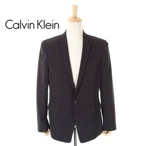 A5006/美品 春夏 裏地無し Calvin Klein カルバンクライン 光沢 デザイン テーラード シングル1Bアンコンジャケット 50 黒/メンズ スーツ用