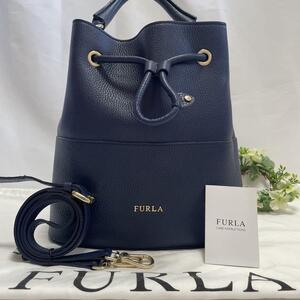 【極美品】FURLA フルラ ステイシー 2way ショルダーバッグ 巾着バッグ ハンドバッグ レザー 肩掛け 斜め掛け ブルー 青 レディース