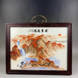 彩山水鴻運を描いた陶板画 装飾品 工芸品 美術品 置物