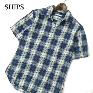 SHIPS シップス indigo by teviz 春夏 半袖 インディゴ★ チェック シャツ Sz.S　メンズ　A3T06281_6#A