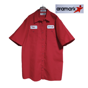 AUTHENTIC 半袖ワークシャツ size L レッド ゆうパケットポスト可 胸 ワッペン aramark 古着 洗濯 プレス済 e79