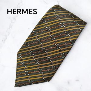 美品 HERMES エルメス ネクタイ シルク100% 絹 メンズ 大検約8cm 総柄 ビジネス シャツ ストライプ マルチカラー 通勤 ブラウン グリーン系