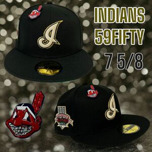 新品75/8 黒×金　インディアンス　ニューエラ　ワフー酋長ピンズ付き　59FIFTY INDIANS NEW ERA 海外限定