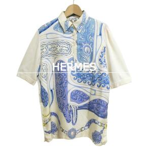 良品 HERMES エルメス サイズS スカーフ柄 シルク カシミヤ混 ニット切り替え 半袖 シャツ ブラウス カットソー アイボリー