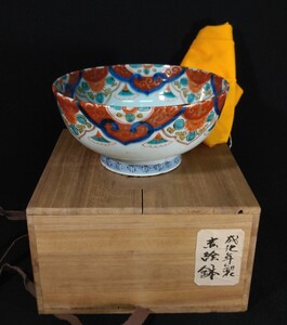 古伊万里 染付 金彩 色絵 赤絵 花文 雷文 大明成化年製 19cm 菓子鉢 菓子器 茶道具 箱付 黄布 江戸後期 b-56a3782