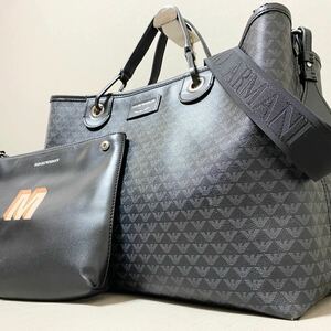 【美品】EMPORIO ARMANI エンポリオアルマーニ トートバッグ ショルダー 2way メンズ ビジネス 斜め掛け A4可 大容量 ロゴ レザー グレー系