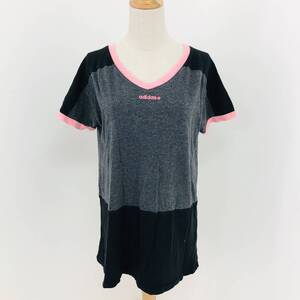 a01451 美品 adidas アディダス Tシャツ 半袖 Vネック ロゴ刺しゅう 綿100％ L グレー 無地 レディース 万能 スポーツミックススタイル