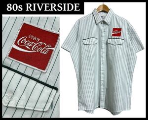 送無 希少 XL 80s USA製 RIVERSIDE リバーサイド Coca-Cola コカコーラ 企業 ロゴ ワッペン 半袖 ストライプ ワーカー ユニフォーム シャツ