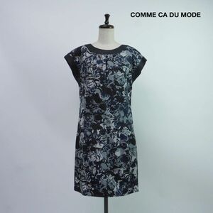 美品 COMME CA DUMODE コムサデモード 総柄 セミスリーブ 膝丈ワンピース 裏地あり レディース 黒グレー系 サイズ9*PC433