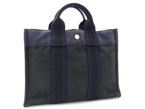 1円 HERMES エルメス キャンバス フールトゥPM シルバー金具 トートバッグ ハンドバッグ レディース ネイビー系 BJ6684